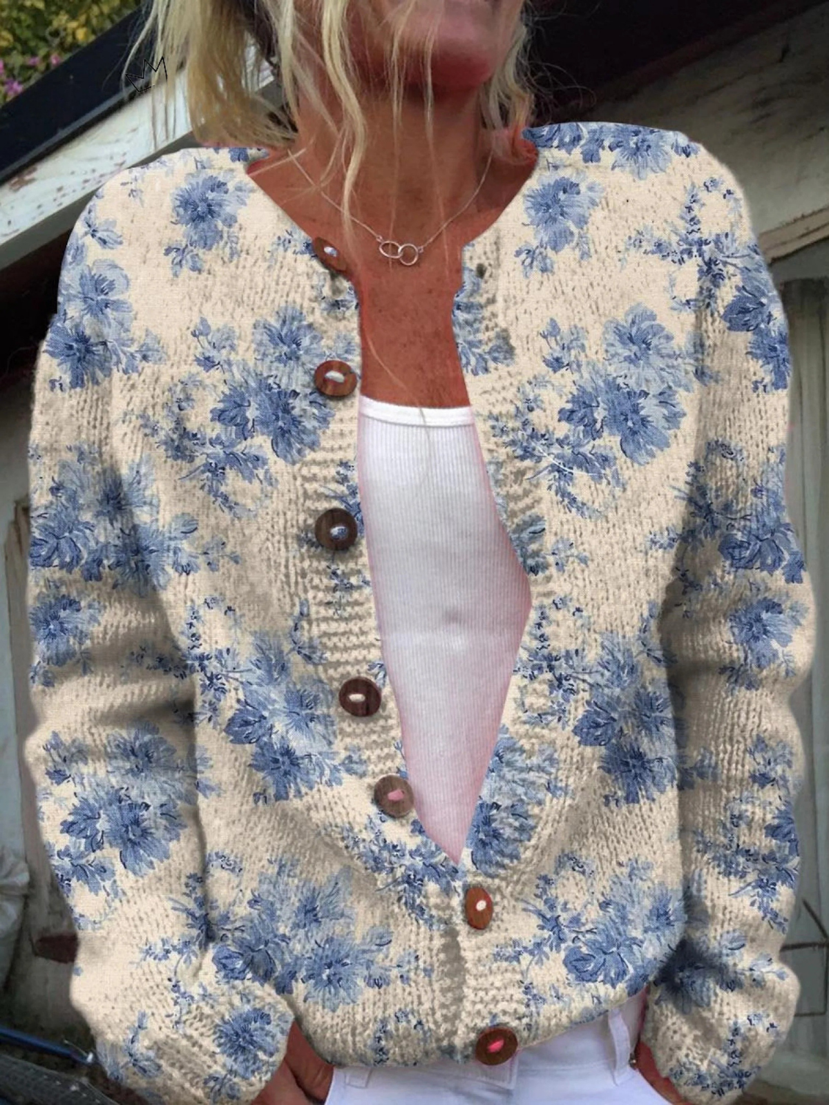 Cardigan en laine à boutons avec imprimé floral pour femmes