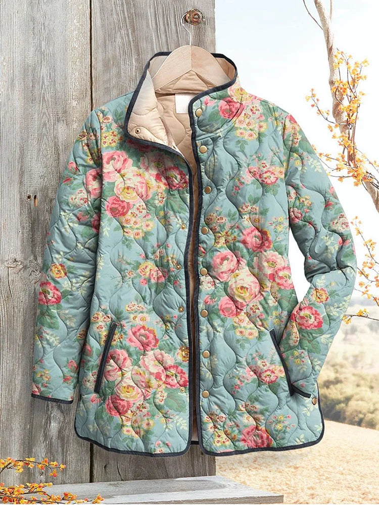 Veste matelassée vintage pour femmes à fleurs bleues