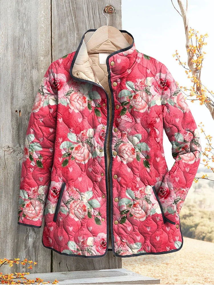 Veste matelassée romantique à imprimé de roses pour femme