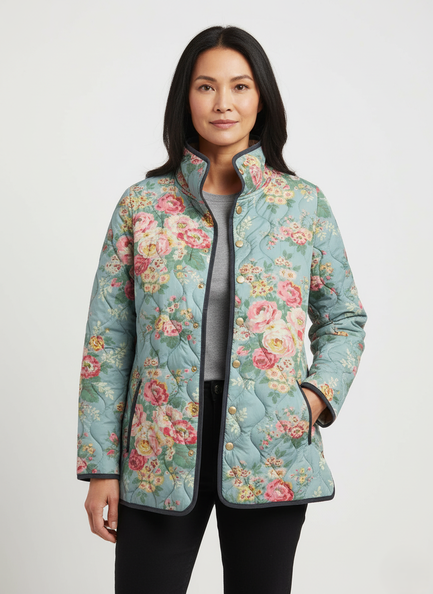 Veste matelassée vintage pour femmes à fleurs bleues