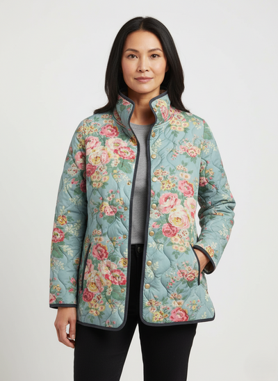 Veste matelassée vintage pour femmes à fleurs bleues