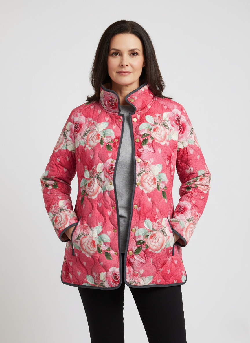 Veste matelassée romantique à imprimé de roses pour femme