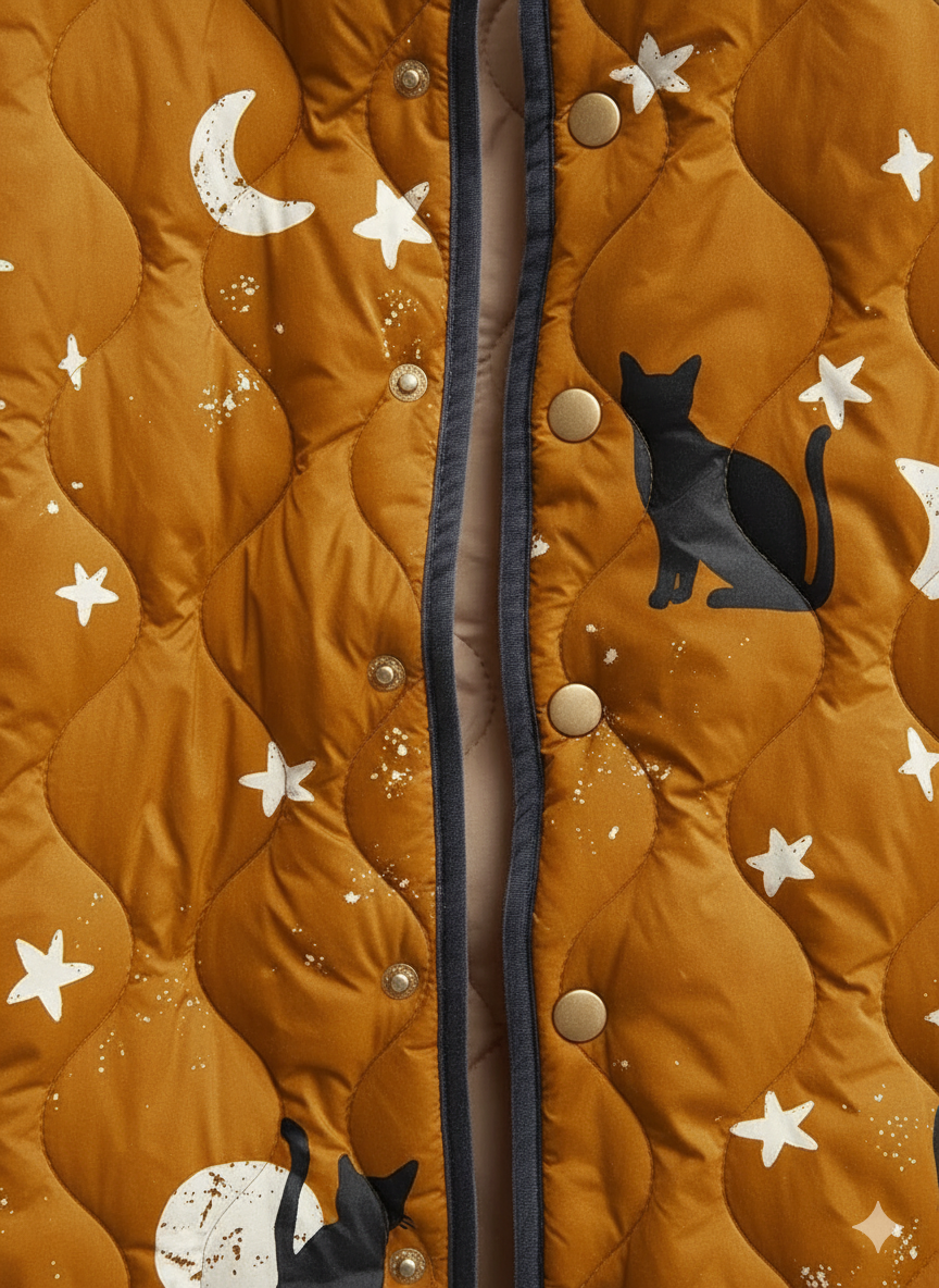 Veste matelassée à motif de chat dans le ciel nocturne pour femmes