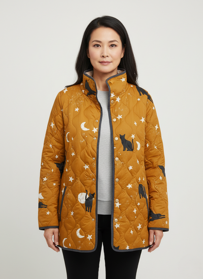 Veste matelassée à motif de chat dans le ciel nocturne pour femmes