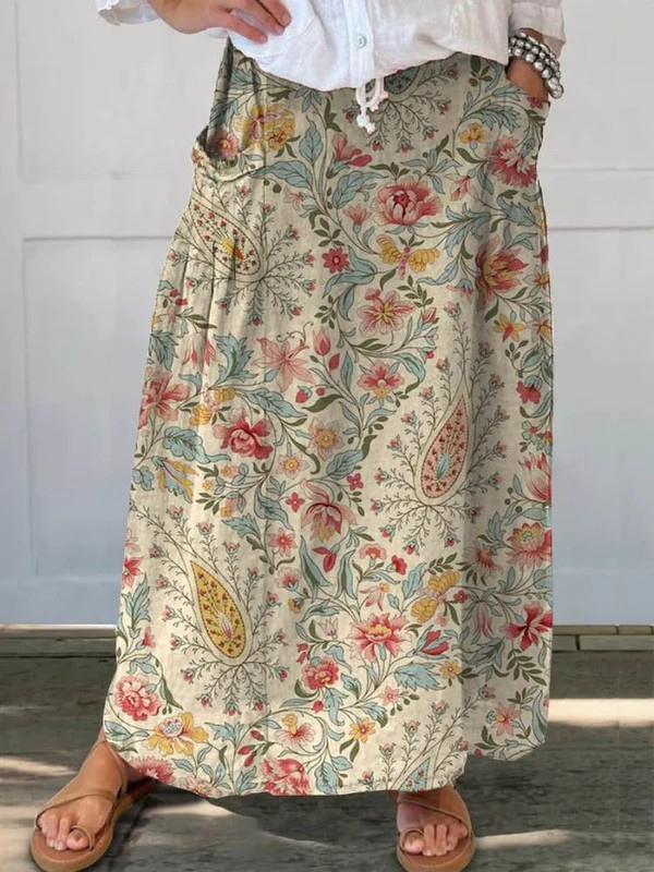 Jupe en lin à poche avec imprimé floral vintage pour femmes
